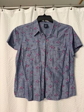 Faded Glory Blue Short-Sleeve Button-Down Shirt with Purple Floral Print Size XL